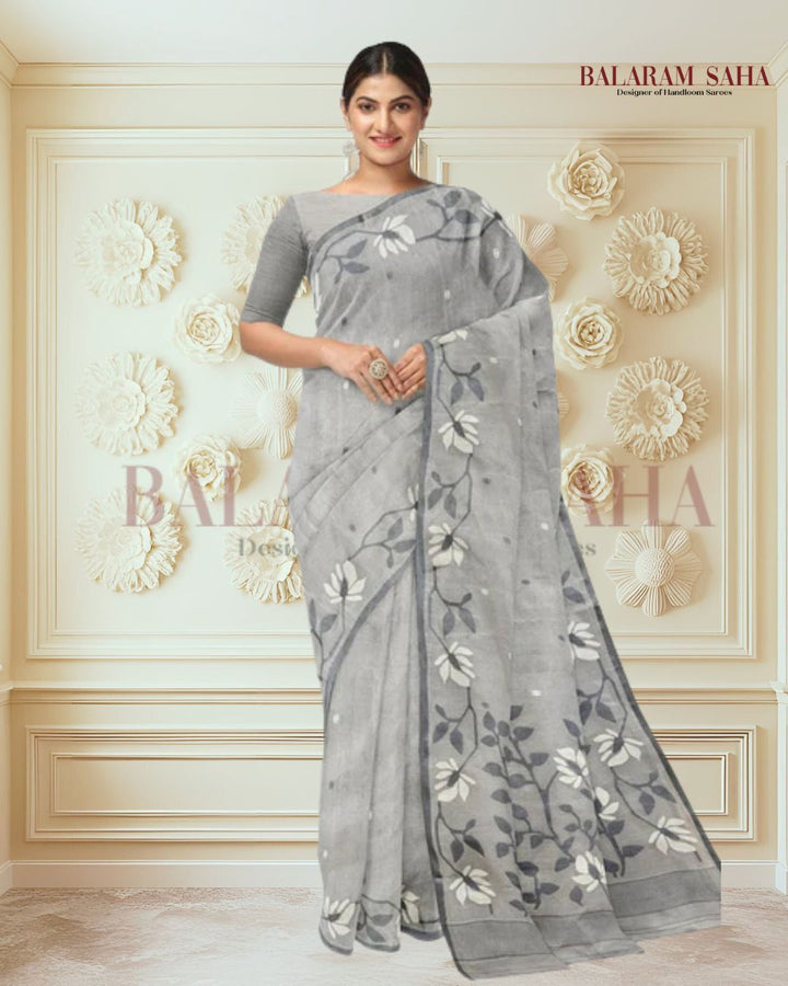 Grey Handloom Handwoven Cotton Jamdani saree Balaram Saha