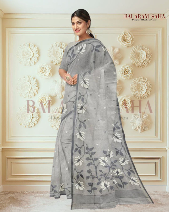 Grey Handloom Handwoven Cotton Jamdani saree Balaram Saha