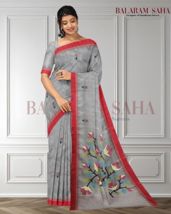 Grey & Red Handwoven Muslin Silk Jamdani Saree Balaram Saha