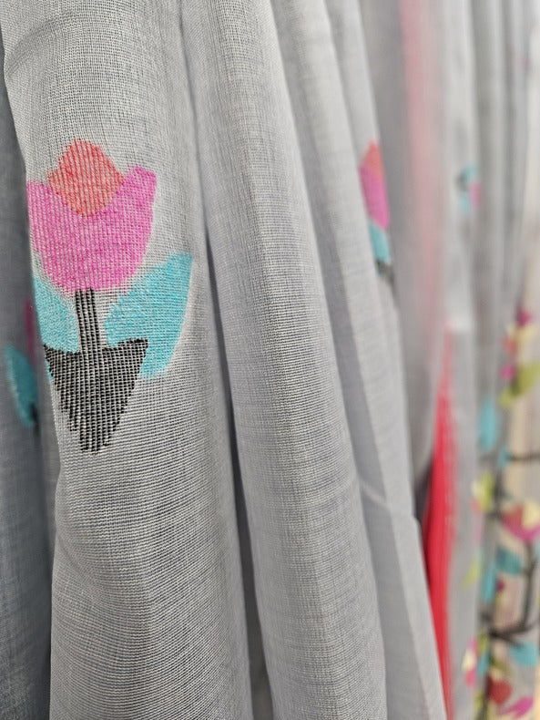 Grey & Red Handwoven Muslin Silk Jamdani Saree Balaram Saha