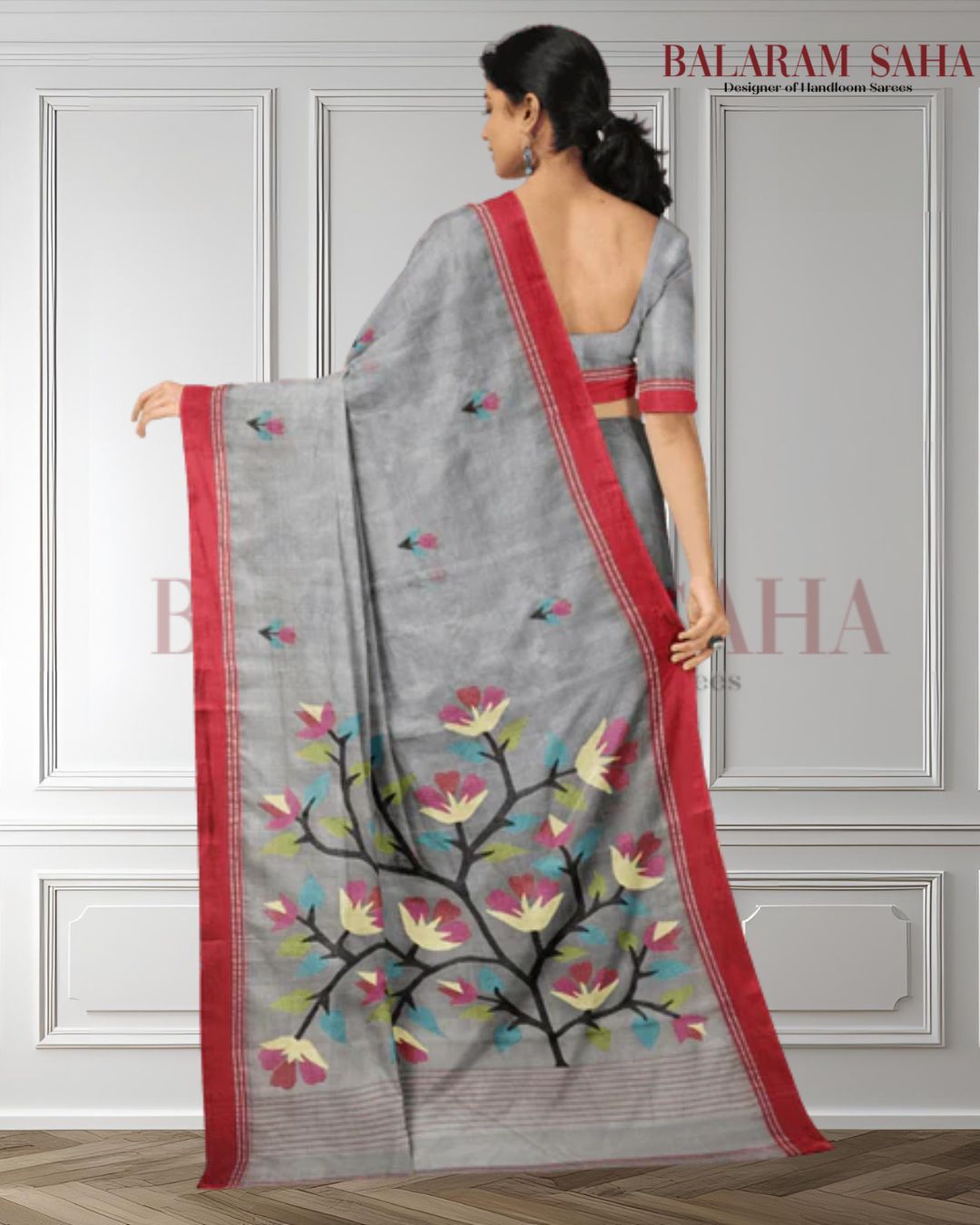 Grey & Red Handwoven Muslin Silk Jamdani Saree Balaram Saha