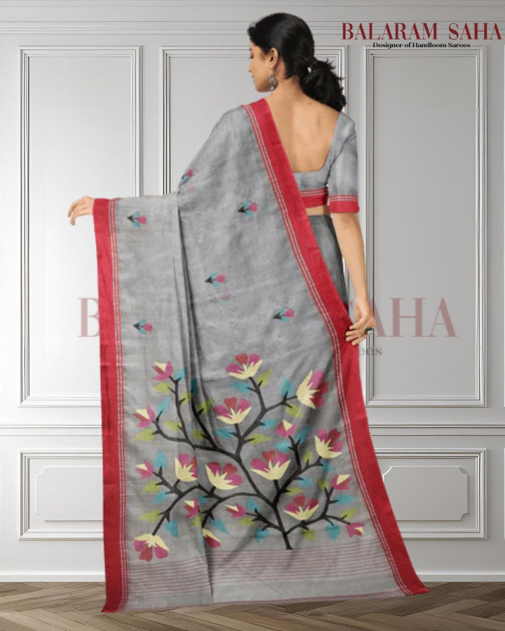 Grey & Red Handwoven Muslin Silk Jamdani Saree Balaram Saha