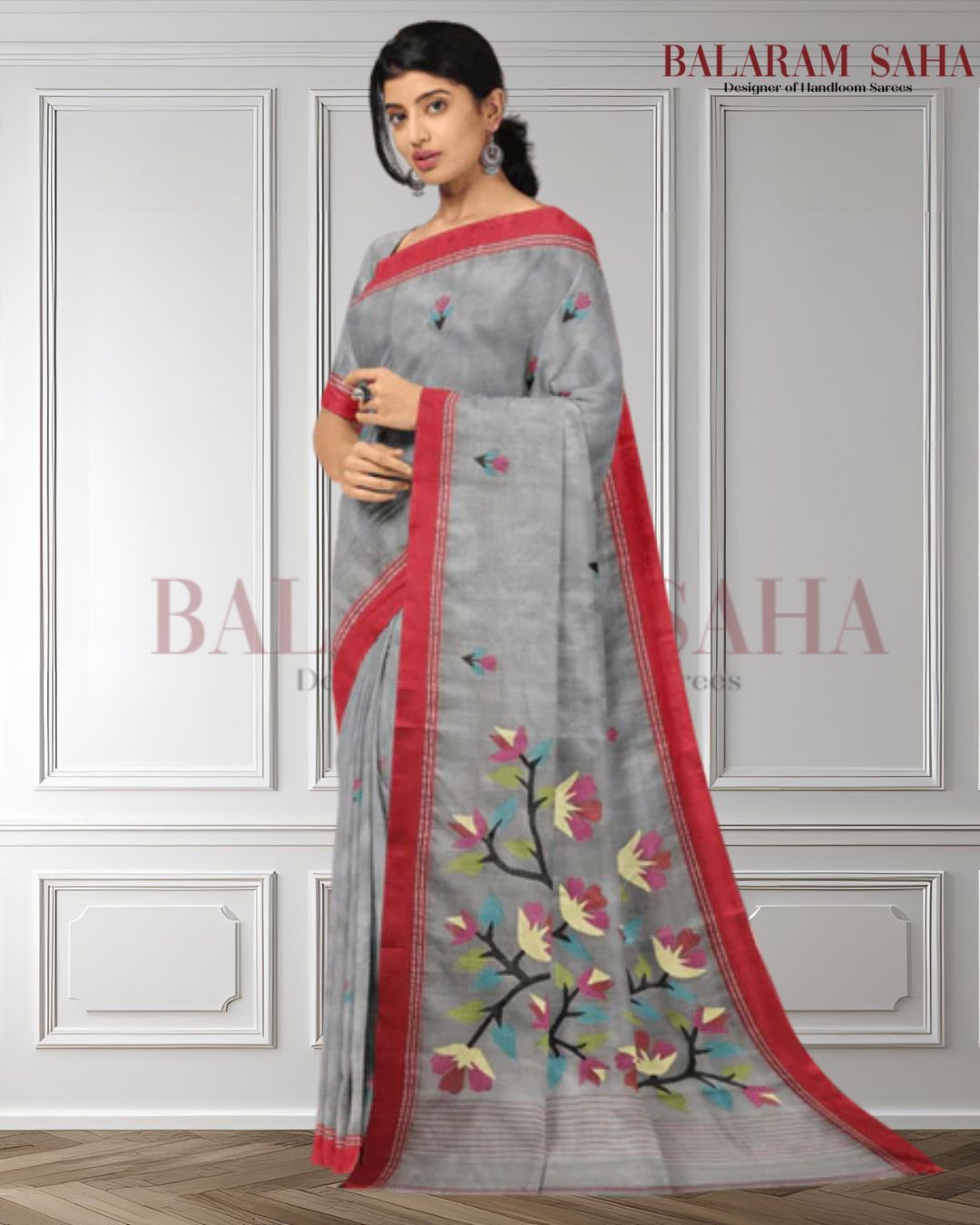 Grey & Red Handwoven Muslin Silk Jamdani Saree Balaram Saha