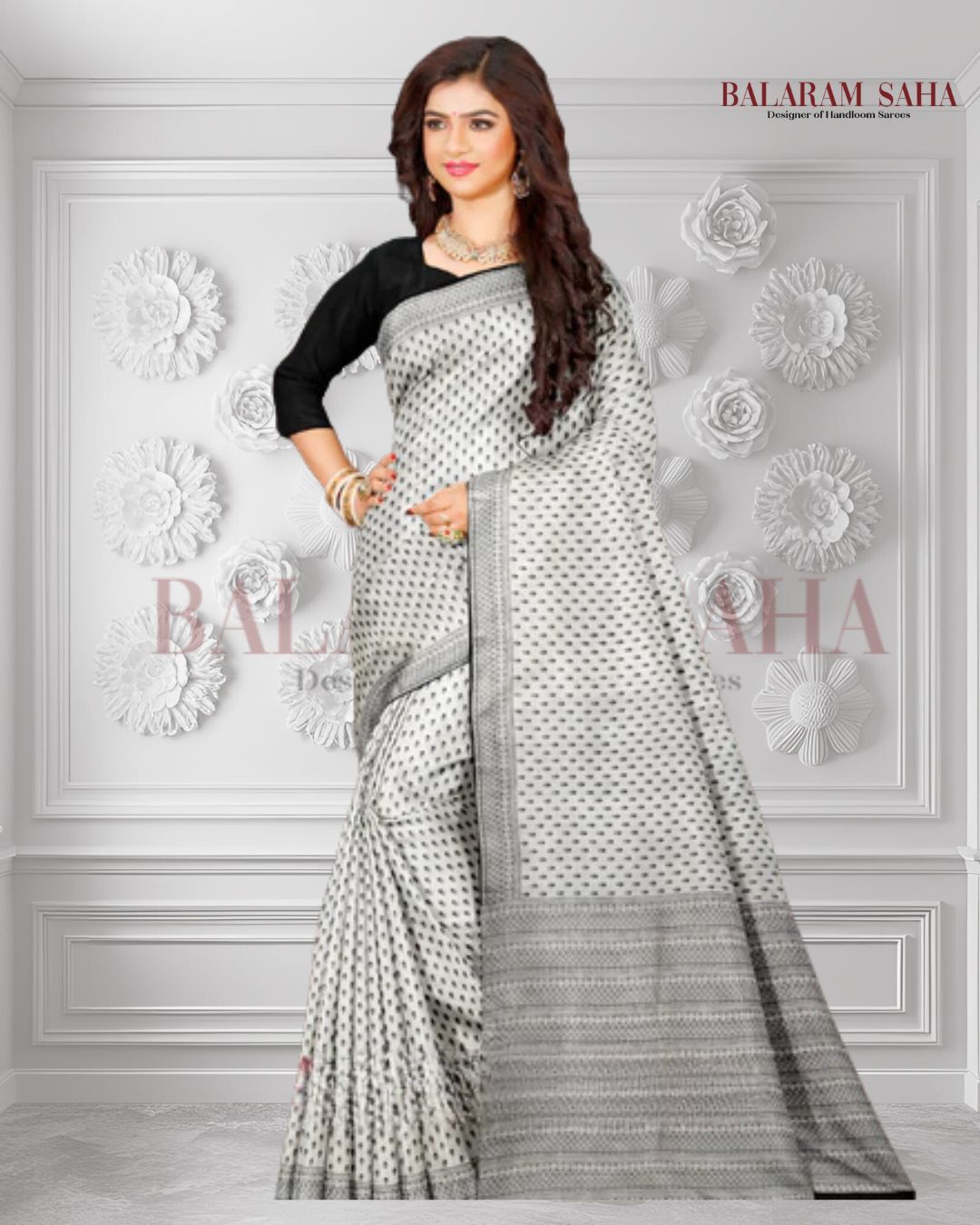 Hand-Block Perfection: Balaram Saha's White & Black Bishnupuri Katan Silk Saree - (handloom saree, silk saree, handloom silk saree, balaram saha online, silk sarees, balaram saha handloom saree store, silk handloom saree, bengal handloom sarees, pure silk, Katan silk saree, silk saree online, Katan silk)    https://id.wikipedia.org/wiki/Halaman_Utama