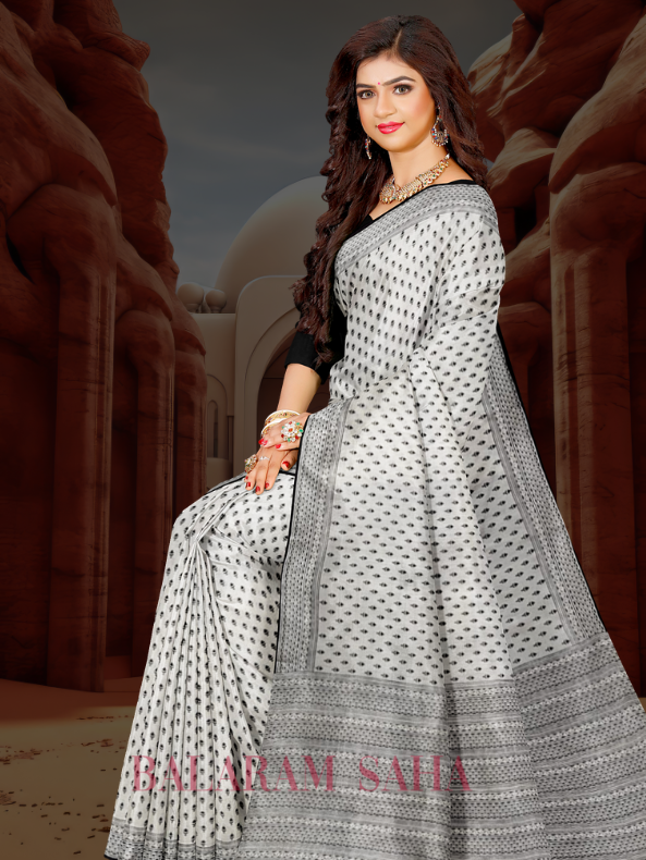 Hand-Block Perfection: Balaram Saha's White & Black Bishnupuri Katan Silk Saree - (handloom saree, silk saree, handloom silk saree, balaram saha online, silk sarees, balaram saha handloom saree store, silk handloom saree, bengal handloom sarees, pure silk, Katan silk saree, silk saree online, Katan silk)   https://www.zendesk.com/in/#georedirect