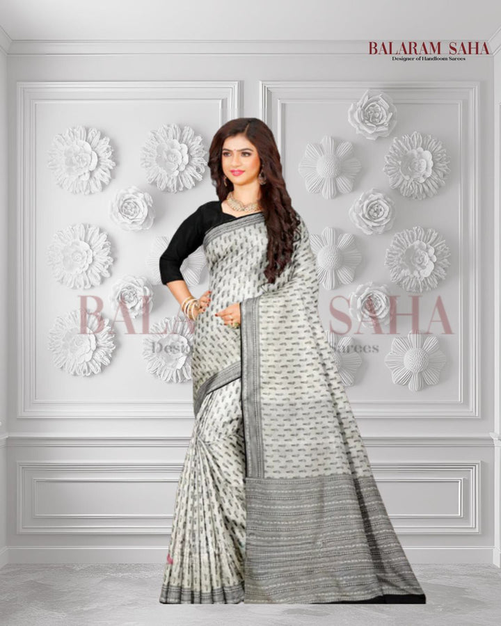 Hand Block Magic: Balaram Saha's White & Black Bishnupuri Silk Saree - (handloom saree, silk saree, handloom silk saree, balaram saha online, silk sarees, balaram saha handloom saree store, silk handloom saree, bengal handloom sarees, pure silk, Katan silk saree, silk saree online, Katan silk)     https://mega.io/