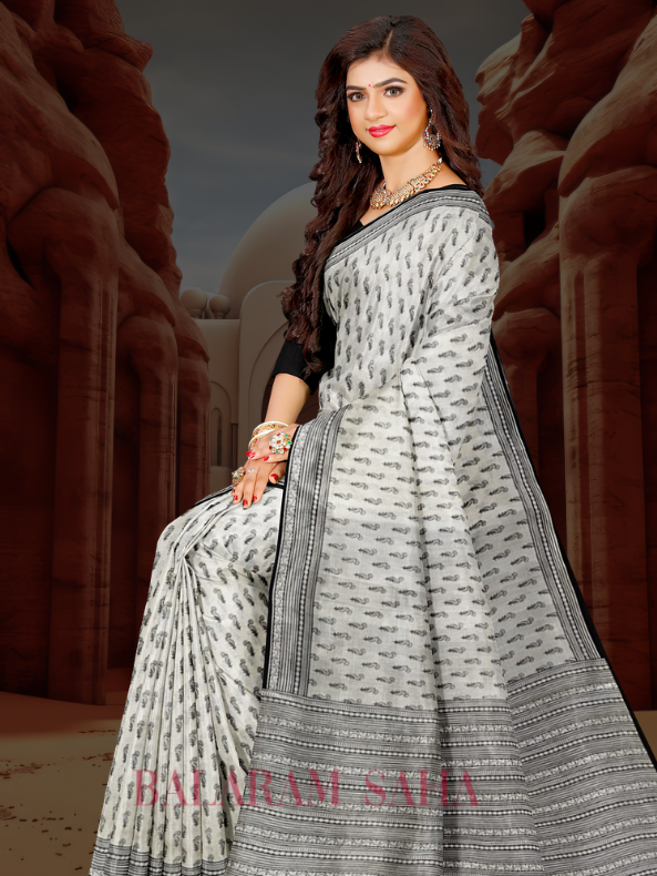 Hand Block Magic: Balaram Saha's White & Black Bishnupuri Silk Saree - (handloom saree, silk saree, handloom silk saree, balaram saha online, silk sarees, balaram saha handloom saree store, silk handloom saree, bengal handloom sarees, pure silk, Katan silk saree, silk saree online, Katan silk)