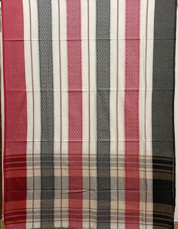 White on Red/Black handloom Traditional Dhonekali  Cotton Saree Balaram Saha