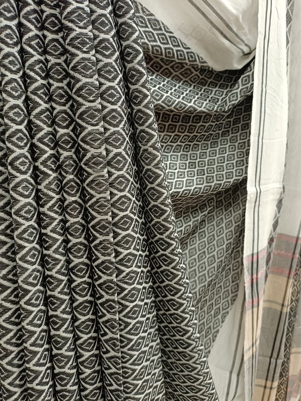 White & Black Handloom Soft Traditional Dhonekali Cotton Saree Balaram Saha