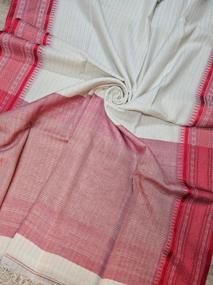 Off White & Red Premium Handloom Cotton Saree With Woven Border Balaram Saha
