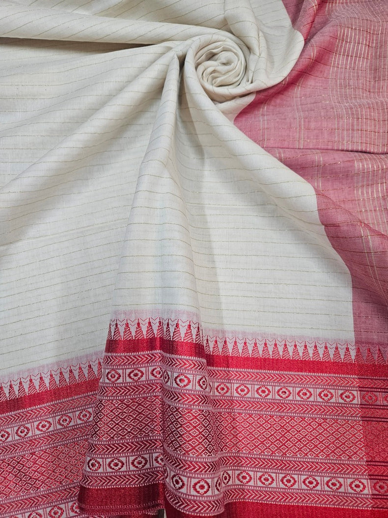 Off White & Red Premium Handloom Cotton Saree With Woven Border Balaram Saha