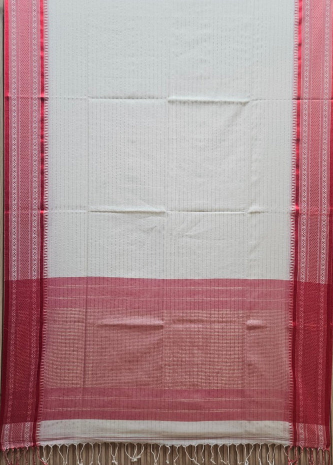 Off White & Red Premium Handloom Cotton Saree With Woven Border Balaram Saha