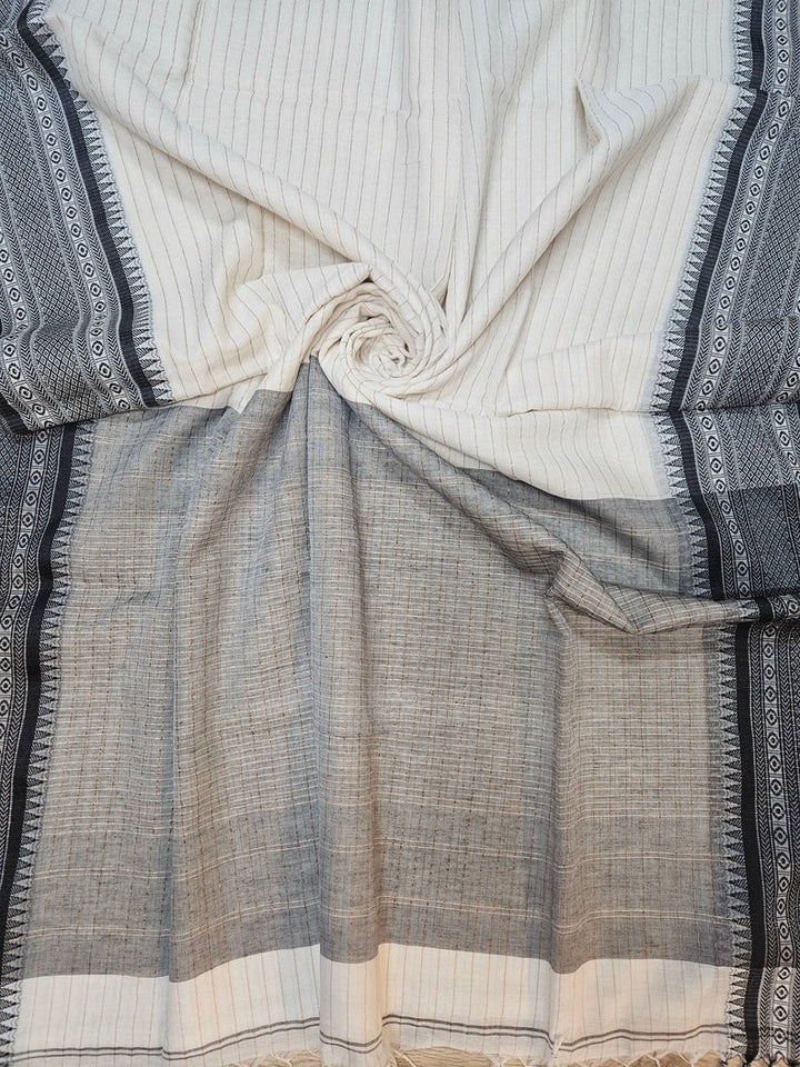 Off White & Black Premium Handloom Cotton Saree With Woven Border Balaram Saha