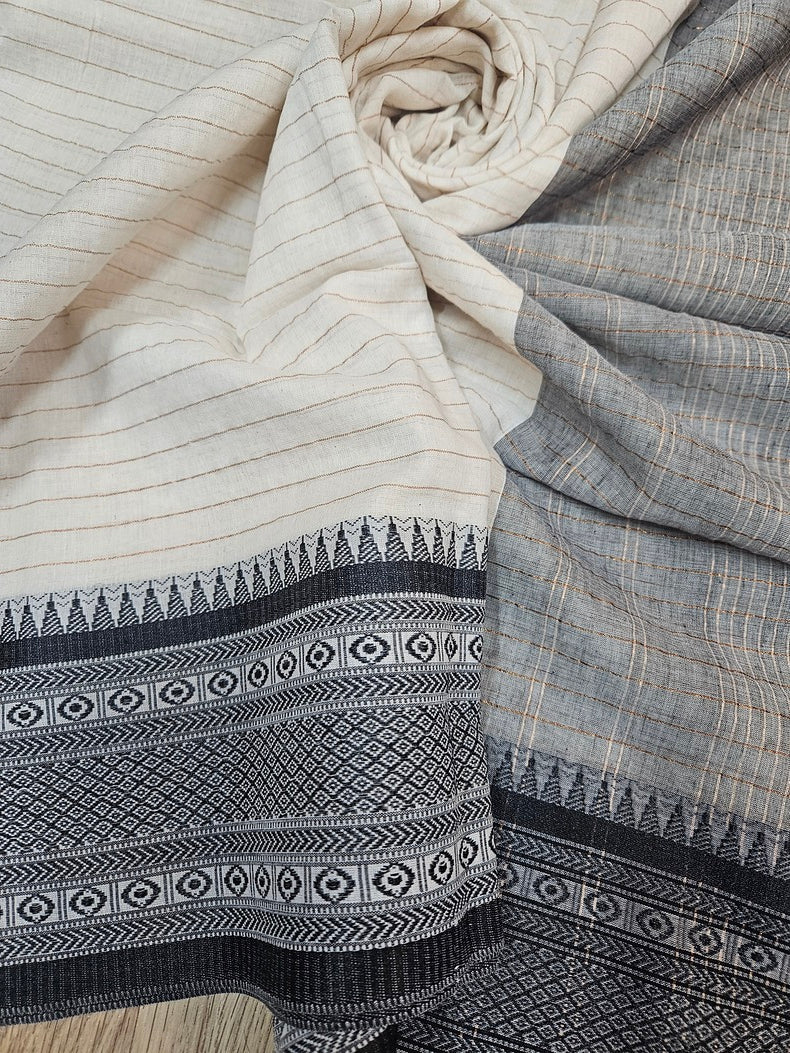 Off White & Black Premium Handloom Cotton Saree With Woven Border Balaram Saha