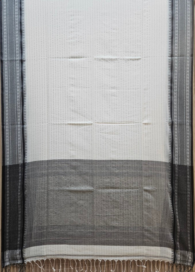 Off White & Black Premium Handloom Cotton Saree With Woven Border Balaram Saha
