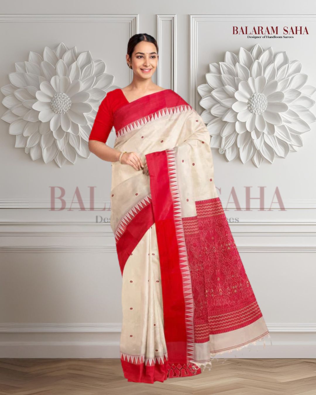 Garad Silk Saree by Balaram Saha – Traditional White & Red Satin Border Saree