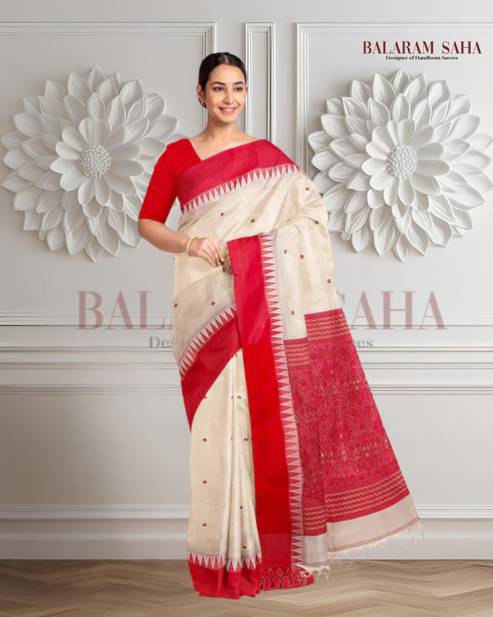Garad Silk Saree by Balaram Saha – Traditional White & Red Satin Border Saree