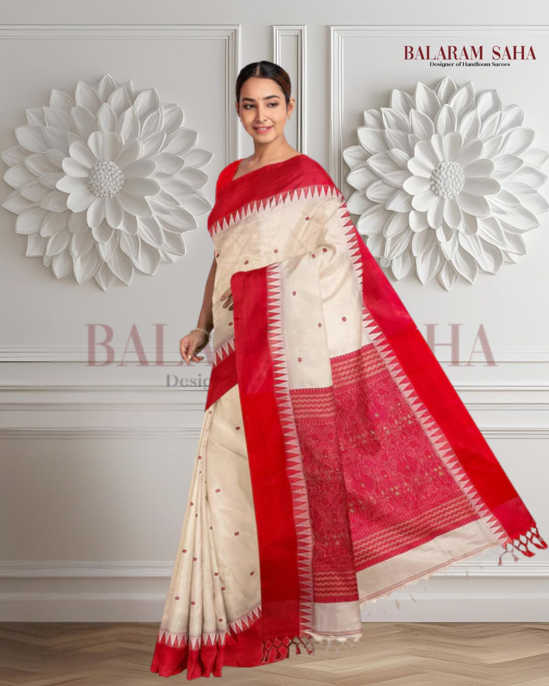 Garad Silk Saree by Balaram Saha – Traditional White & Red Satin Border Saree