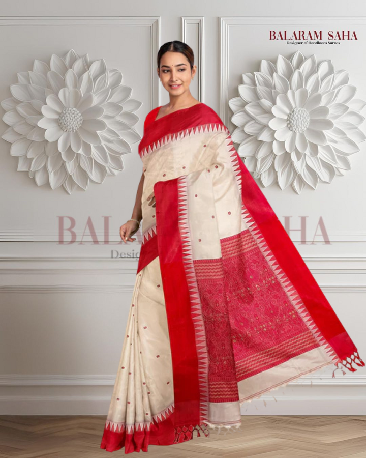 Garad Silk Saree by Balaram Saha – Traditional White & Red Satin Border Saree