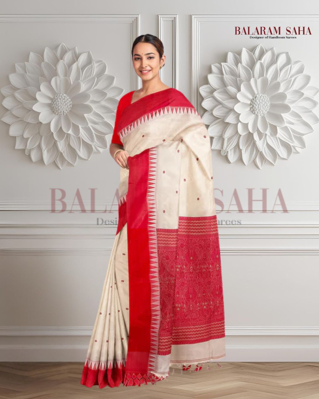 Garad Silk Saree by Balaram Saha – Traditional White & Red Satin Border Saree