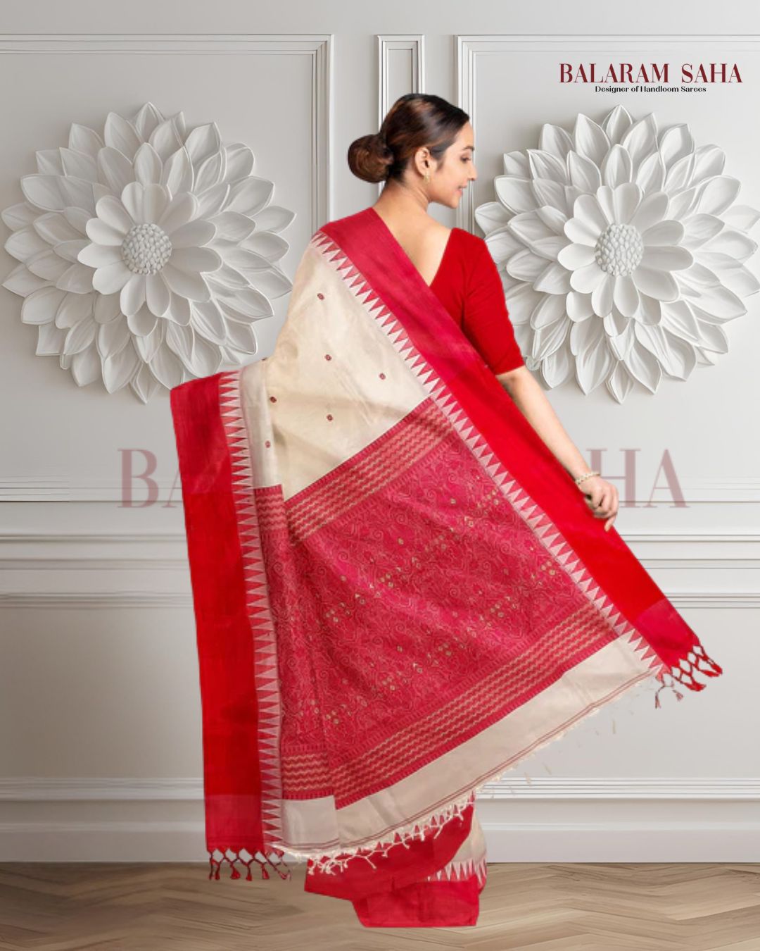 Garad Silk Saree by Balaram Saha – Traditional White & Red Satin Border Saree