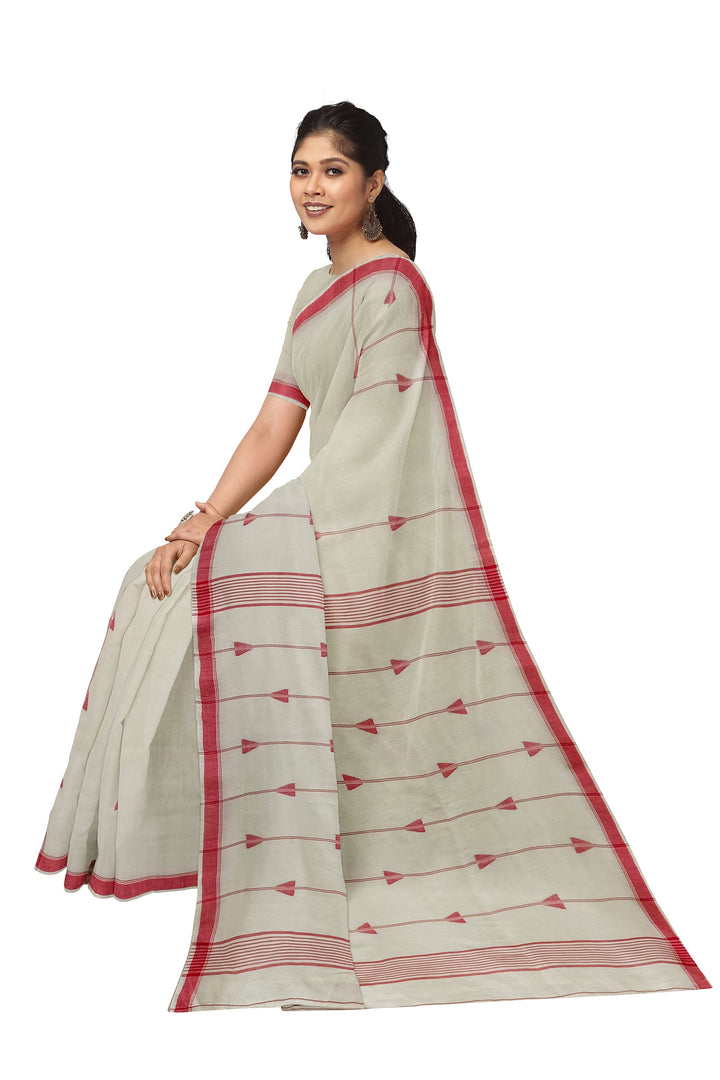 Off-White & Red Handspun  Handwoven Cotton Jamdani Saree Balaram Saha