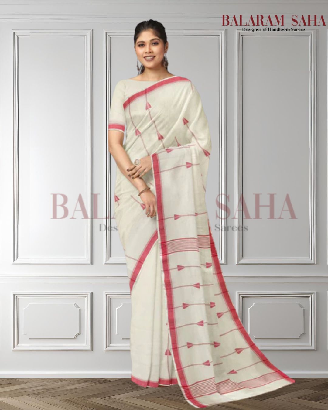 Off-White & Red Handspun  Handwoven Cotton Jamdani Saree Balaram Saha