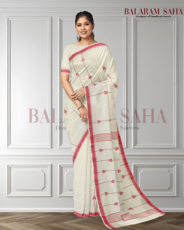 Off-White & Red Handspun  Handwoven Cotton Jamdani Saree Balaram Saha