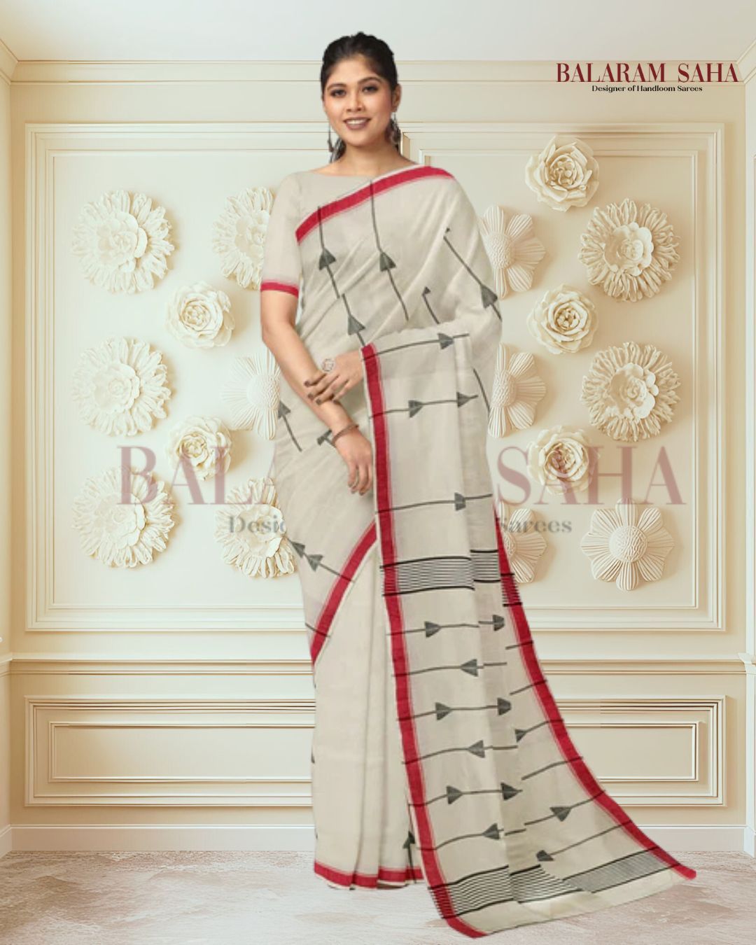 Off-White Handspun Handwoven Cotton Jamdani Saree Balaram Saha
