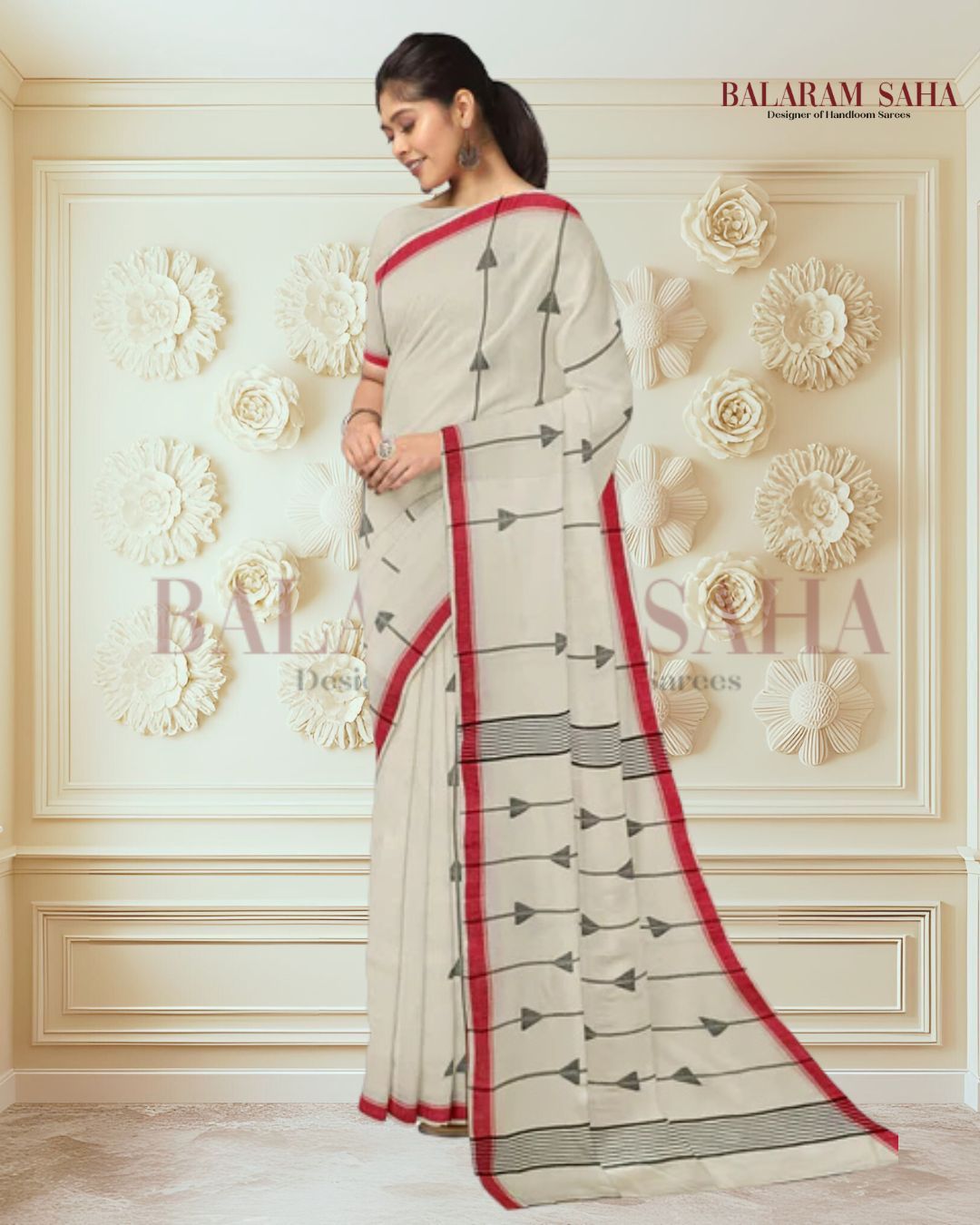 Off-White Handspun Handwoven Cotton Jamdani Saree Balaram Saha