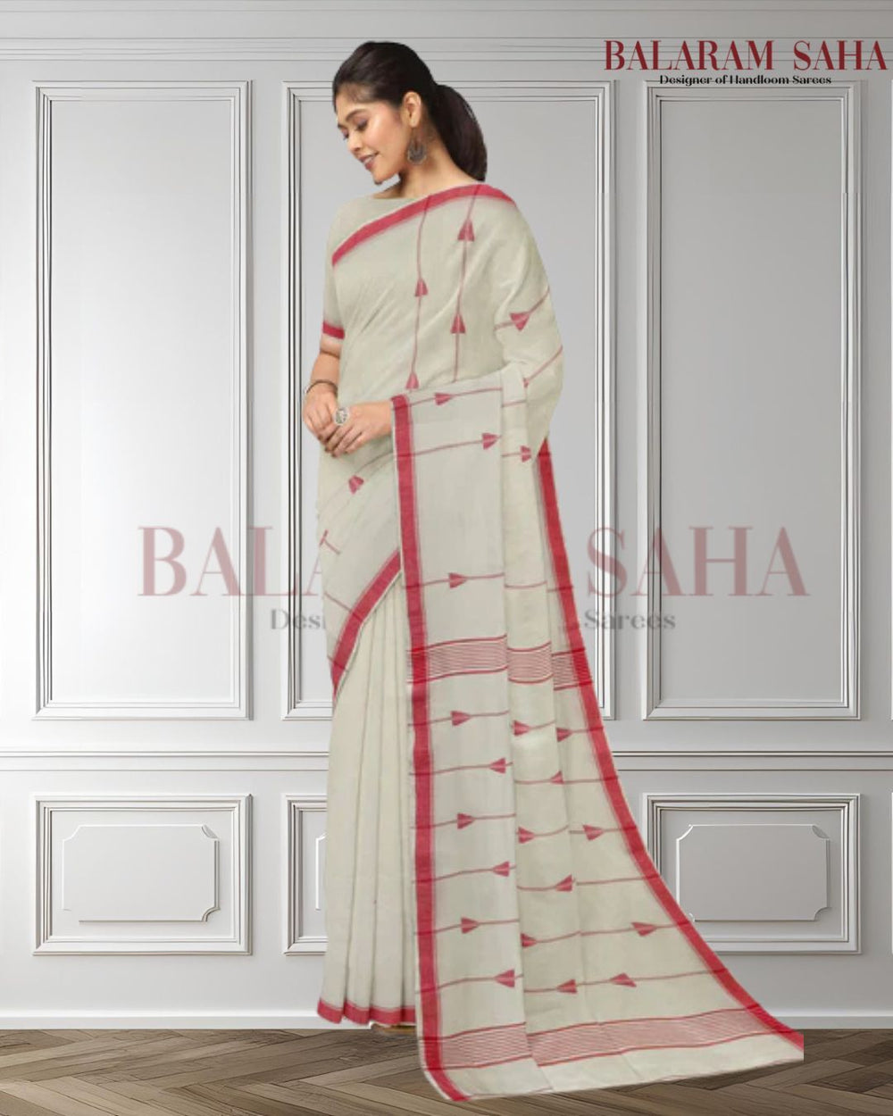 Off-White & Red Handspun  Handwoven Cotton Jamdani Saree Balaram Saha