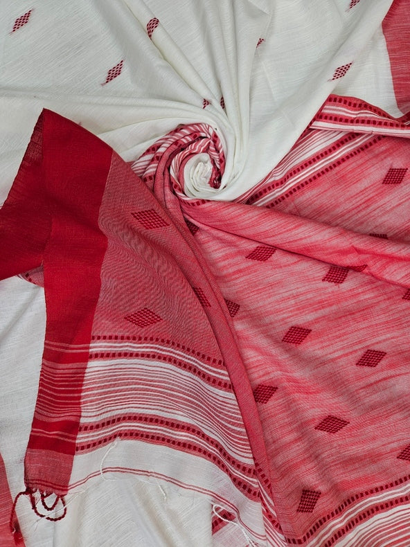 White & Red Handloom Soft Cotton Saree  Balaram Saha