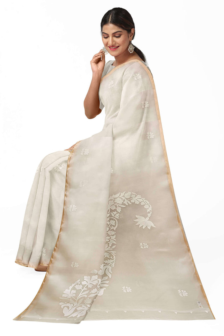 off-White and White pure Muslin Silk Handwoven Jamdani Saree Balaram Saha