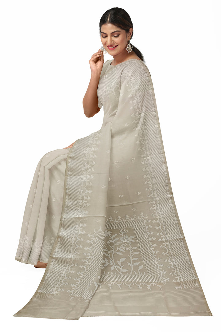 Off-White Handloom Handwoven Muslin Silk Jamdani Saree Balaram Saha