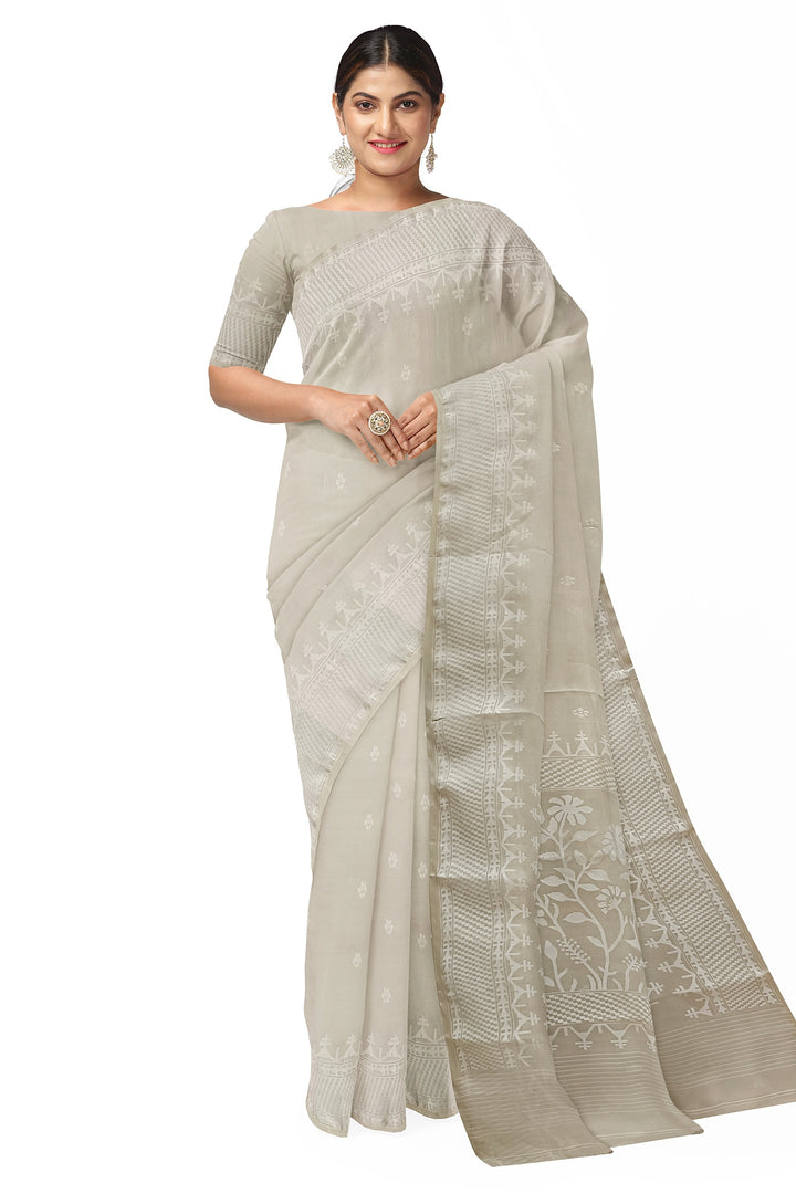 Off-White Handloom Handwoven Muslin Silk Jamdani Saree Balaram Saha