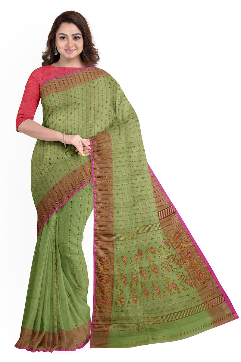 Green & Pink Soft Handloom Jacquard Weave Dhakai Saree Balaram Saha