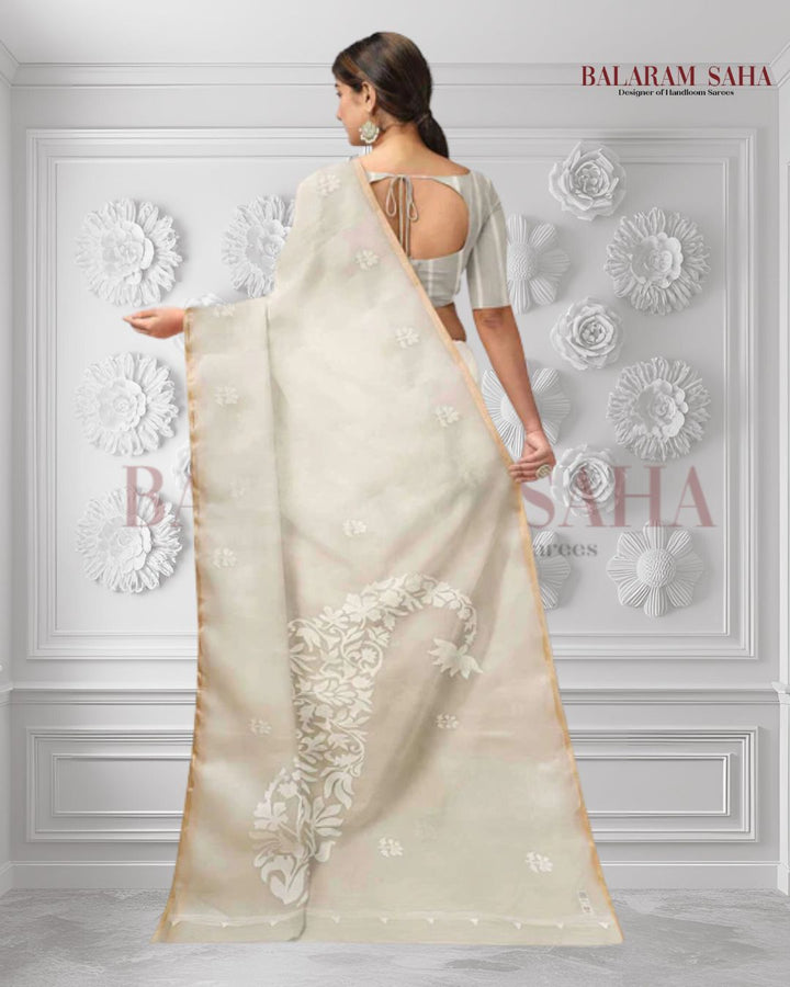 off-White and White pure Muslin Silk Handwoven Jamdani Saree Balaram Saha
