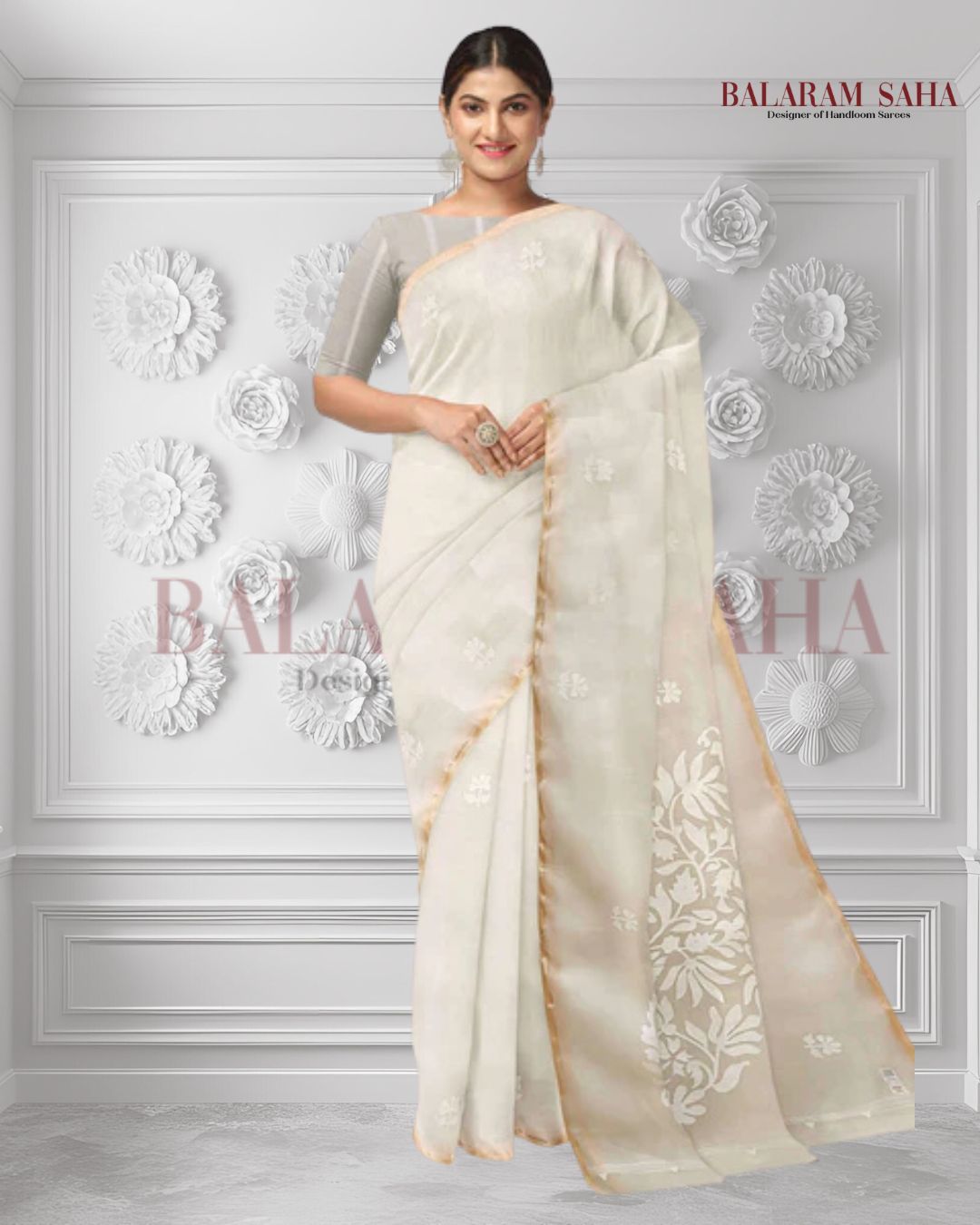 off-White and White pure Muslin Silk Handwoven Jamdani Saree Balaram Saha