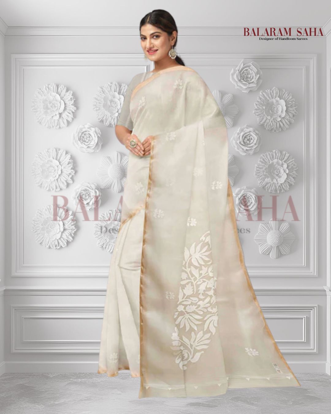 off-White and White pure Muslin Silk Handwoven Jamdani Saree Balaram Saha