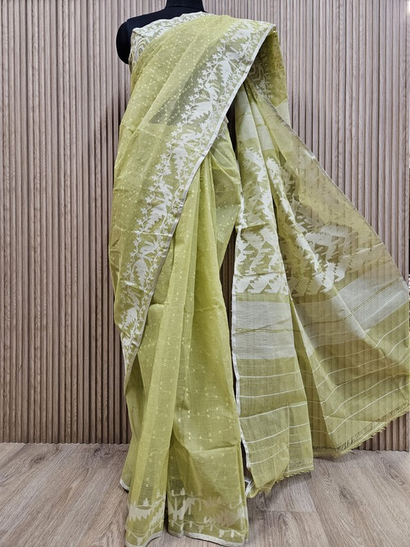 Timeless Grace: White & Yellow Handwoven Pure Cotton Jamdani Saree from Bangladesh | Balaram Saha Balaram Saha