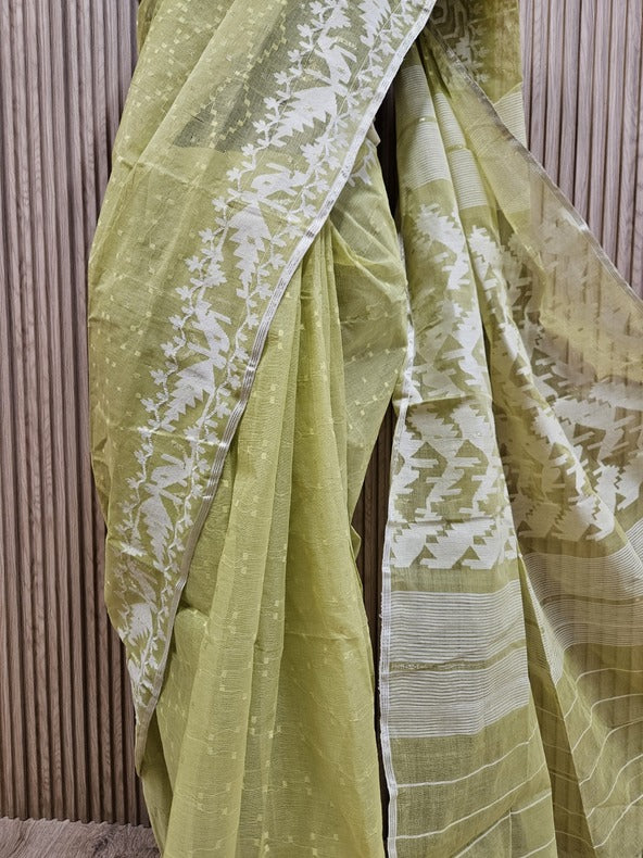 Timeless Grace: White & Yellow Handwoven Pure Cotton Jamdani Saree from Bangladesh | Balaram Saha Balaram Saha