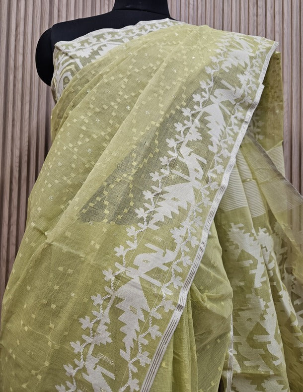 Timeless Grace: White & Yellow Handwoven Pure Cotton Jamdani Saree from Bangladesh | Balaram Saha Balaram Saha