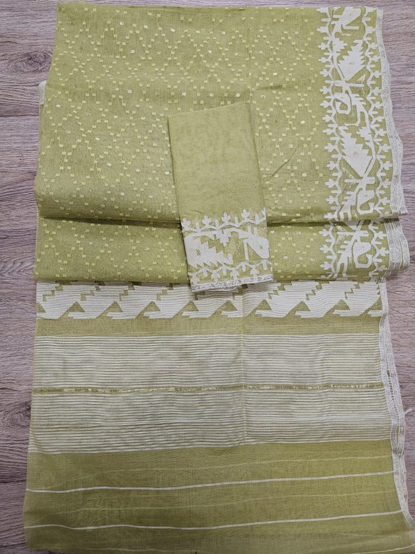 Timeless Grace: White & Yellow Handwoven Pure Cotton Jamdani Saree from Bangladesh | Balaram Saha Balaram Saha