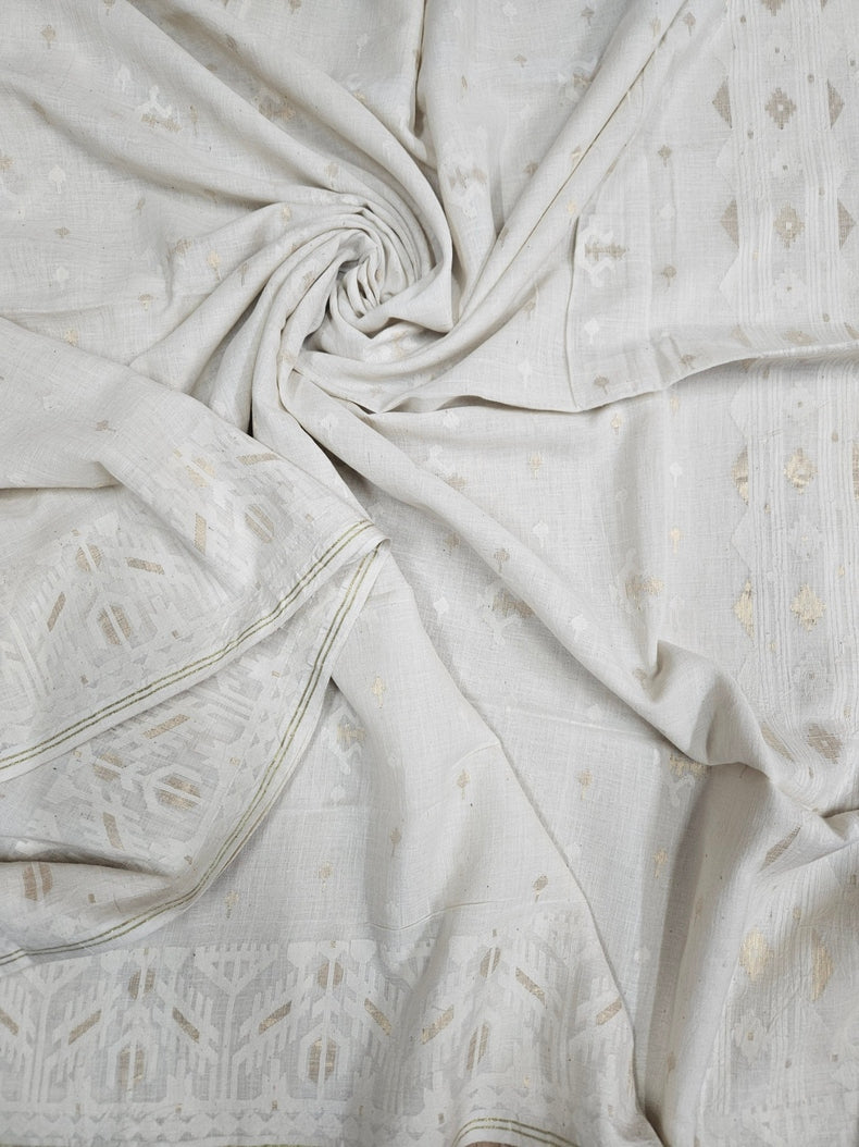 Off-White Handwoven Handspun Cotton Jamdani Saree with White & Gold Zari Geometric Border Balaram Saha