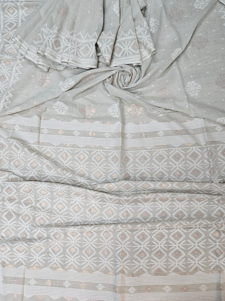 Light Dusty Green on White Handspun Handwoven Cotton Jamdani Saree with White & Gold Woven Balaram Saha