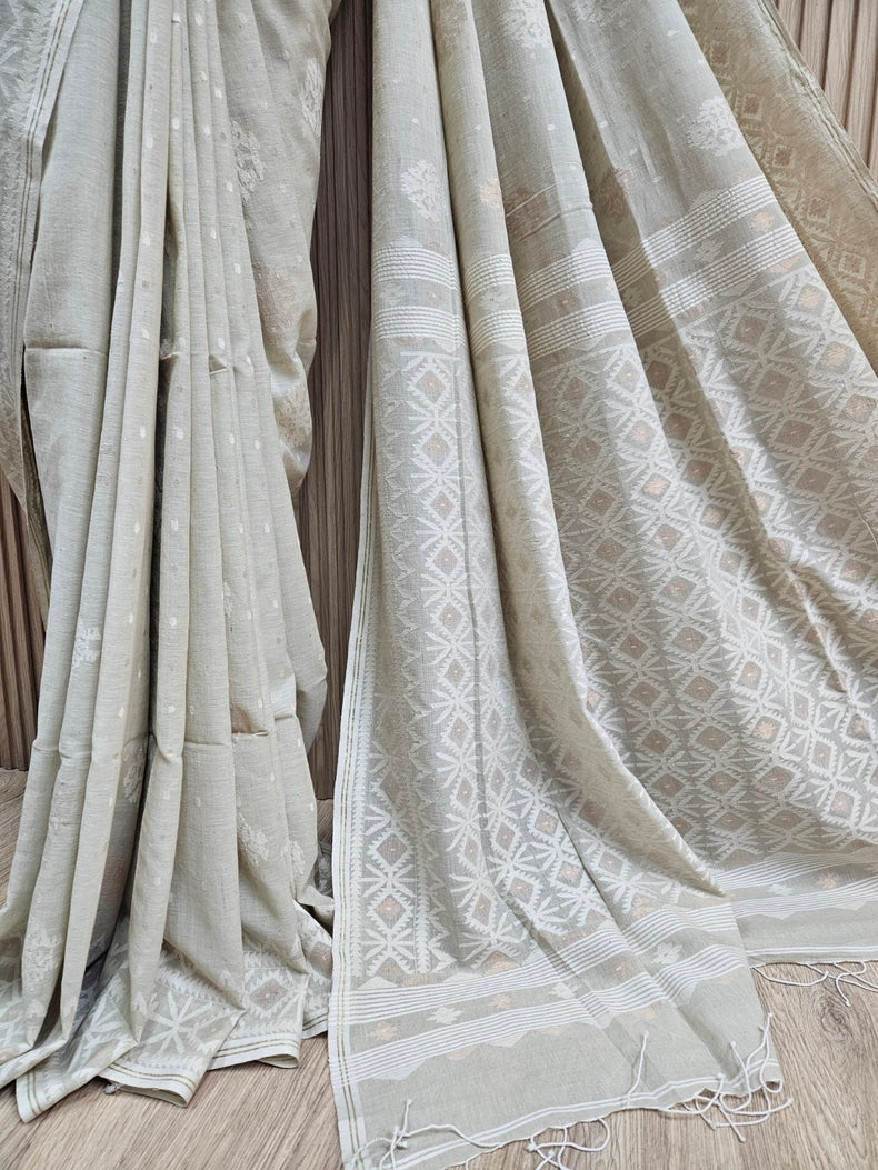 Light Dusty Green on White Handspun Handwoven Cotton Jamdani Saree with White & Gold Woven Balaram Saha