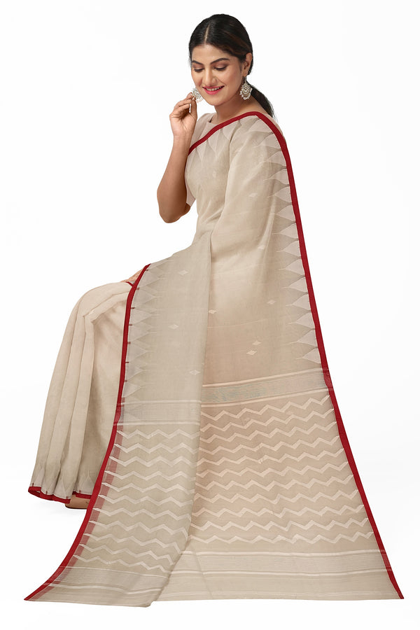 White & Red soft muslin silk Handwoven Jamdani saree Balaram Saha