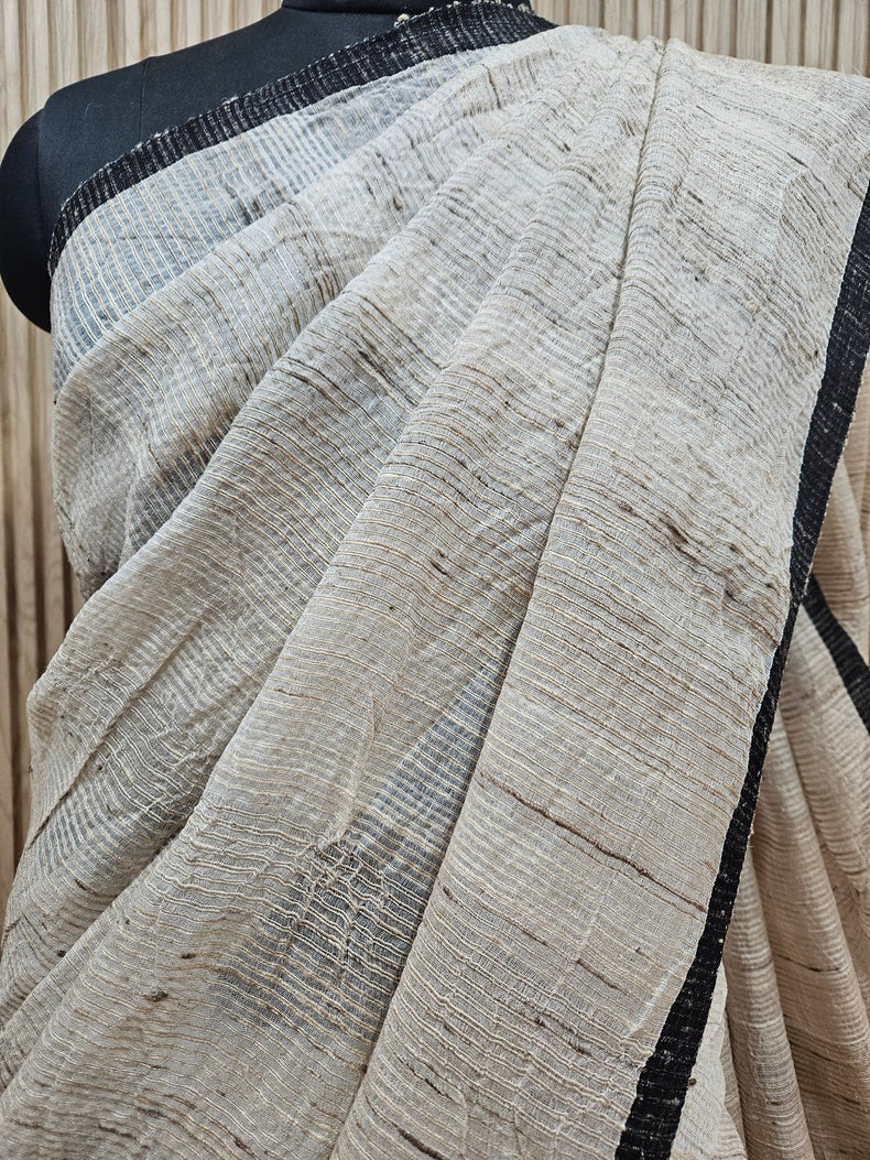 Off White & Black Handsloom Muslin Silk Saree With Jute Weave Balaram Saha