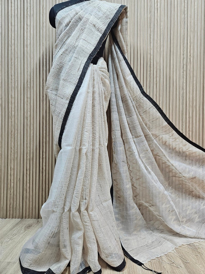 Off White & Black Handsloom Muslin Silk Saree With Jute Weave Balaram Saha