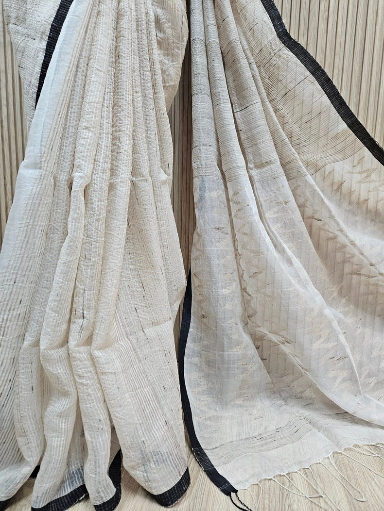 Off White & Black Handsloom Muslin Silk Saree With Jute Weave Balaram Saha